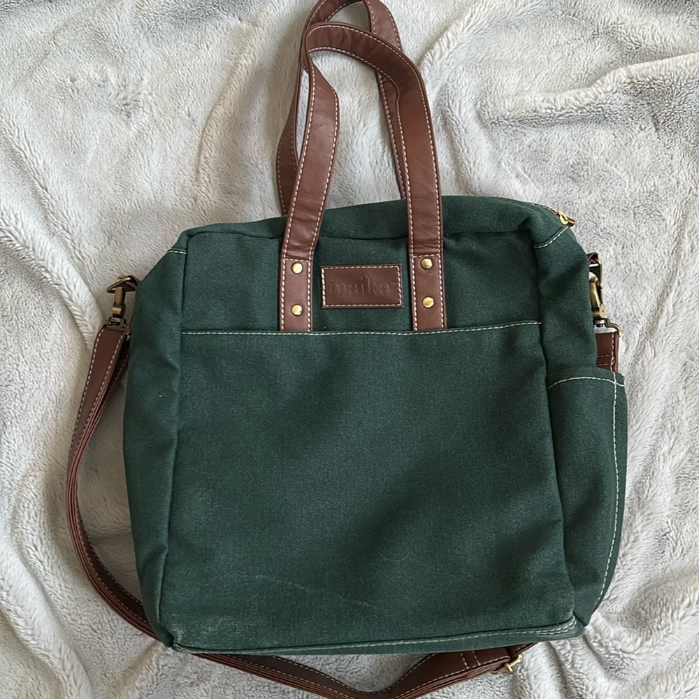 Green Canvas Tote Bag with Brown Accents